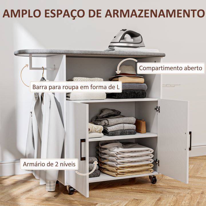Móvel de Engomar a Ferro com Rodas Móvel de Passar a Ferro com Barra para Pendurar Roupa Estante Aberto e Tábua de Passar 125x43,5x102,5 cm Branco