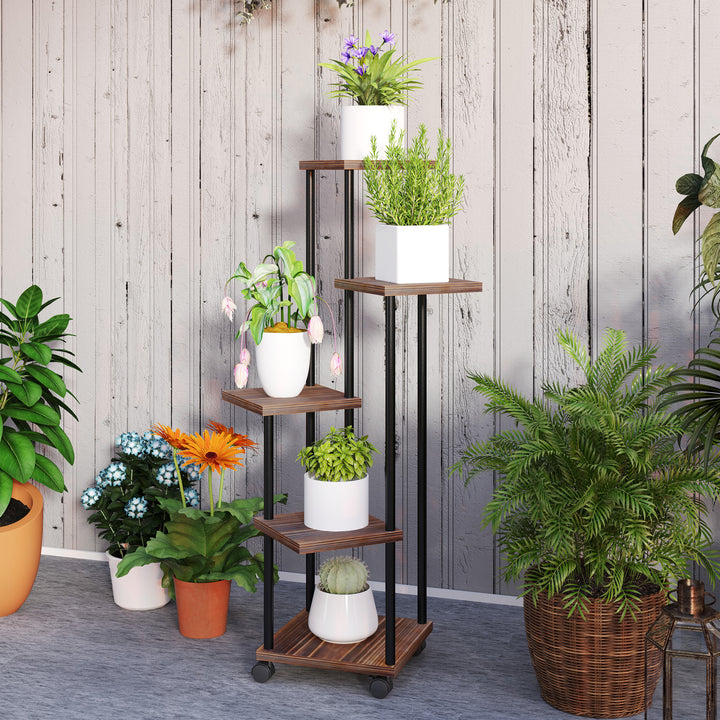 Suporte para Plantas de 5 Níveis Suporte para Vasos de Flores de Madeira e Aço com 5 Prateleiras e 4 Rodas Suporte para Plantas para Interior e Exterior 59x59x110 cm Madeira