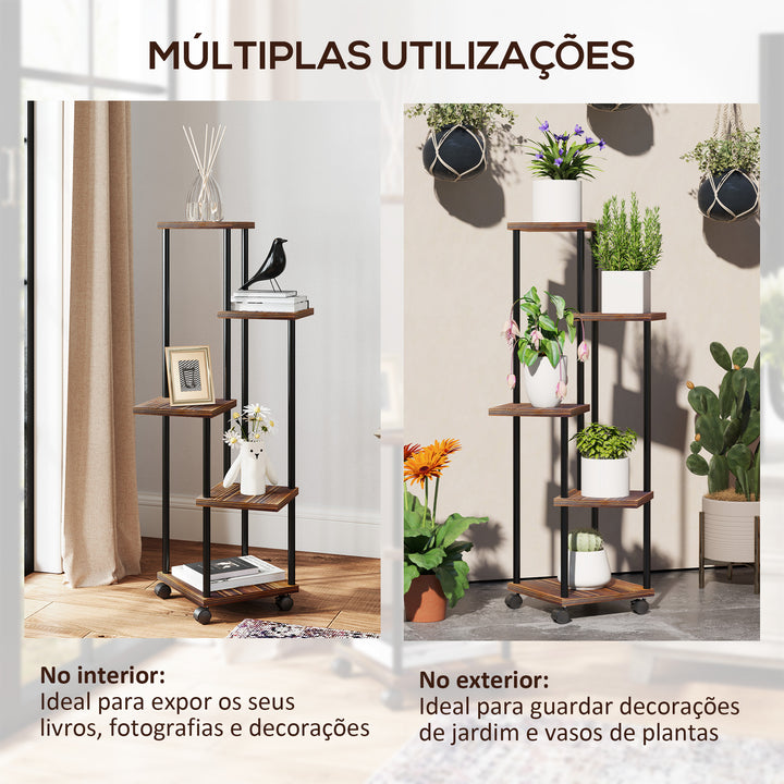 Suporte para Plantas de 5 Níveis Suporte para Vasos de Flores de Madeira e Aço com 5 Prateleiras e 4 Rodas Suporte para Plantas para Interior e Exterior 59x59x110 cm Madeira