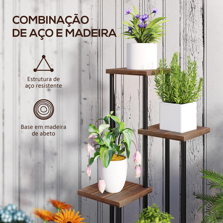 Suporte para Plantas de 5 Níveis Suporte para Vasos de Flores de Madeira e Aço com 5 Prateleiras e 4 Rodas Suporte para Plantas para Interior e Exterior 59x59x110 cm Madeira
