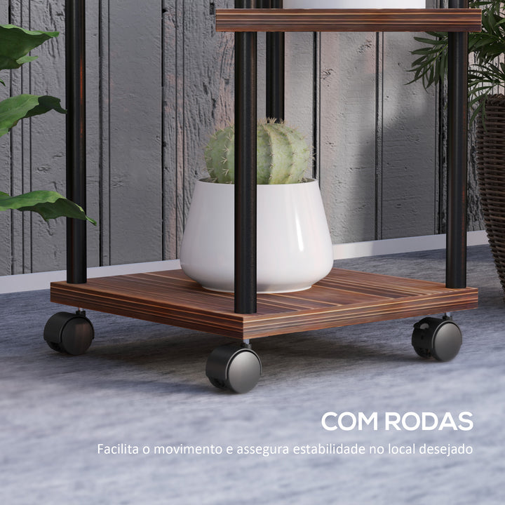 Suporte para Plantas de 5 Níveis Suporte para Vasos de Flores de Madeira e Aço com 5 Prateleiras e 4 Rodas Suporte para Plantas para Interior e Exterior 59x59x110 cm Madeira