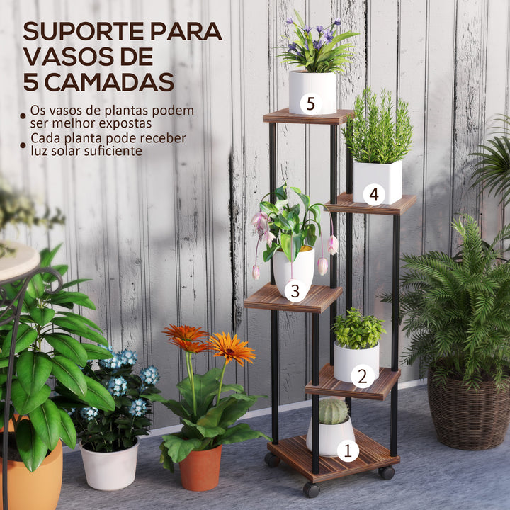 Suporte para Plantas de 5 Níveis Suporte para Vasos de Flores de Madeira e Aço com 5 Prateleiras e 4 Rodas Suporte para Plantas para Interior e Exterior 59x59x110 cm Madeira