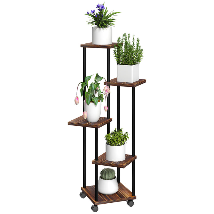 Suporte para Plantas de 5 Níveis Suporte para Vasos de Flores de Madeira e Aço com 5 Prateleiras e 4 Rodas Suporte para Plantas para Interior e Exterior 59x59x110 cm Madeira