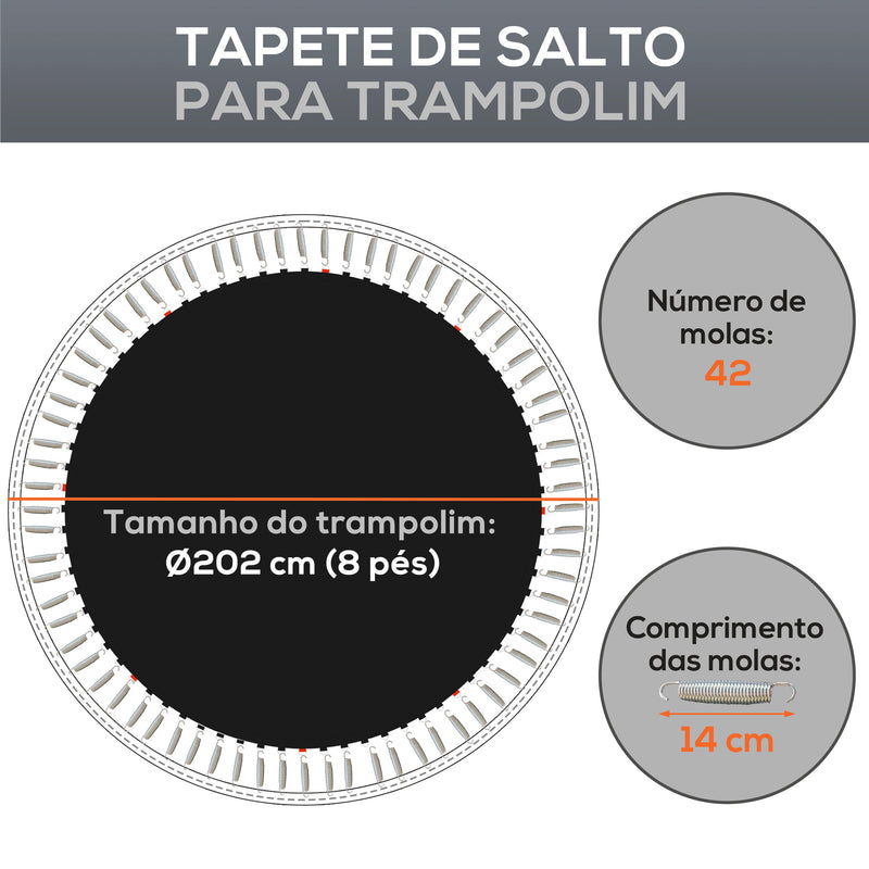 Tapete de Substituição para Trampolim Redondo Ø202 cm Tapete para Trampolim de 8 Pés Anti-UV e 8 Filas de Costuras Preto