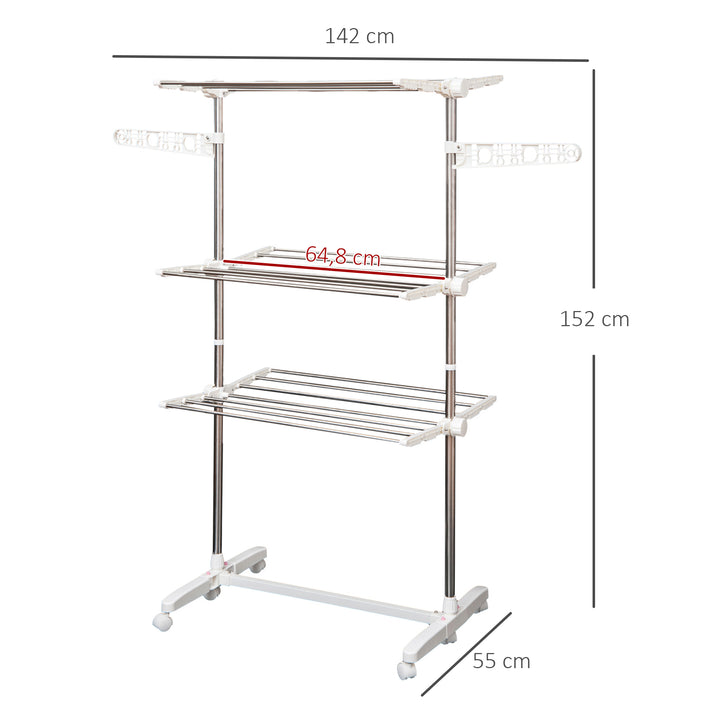 Estendal Roupa 6 Rodinhas 3 Níveis Prateleira Tubo Aço Lavandaria Estendal 80-142x55x152 cm