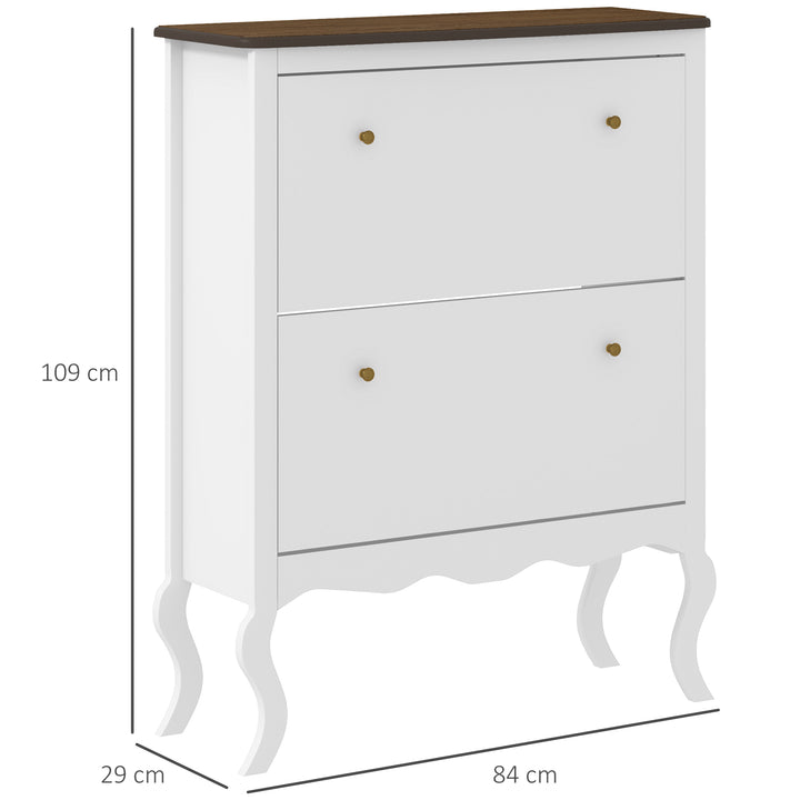 Móvel Sapateira Estilo Francês Sapateira de Entrada com 2 Gavetas Prateleiras Ajustáveis para 16 Pares de Sapato Sapateira Estreita para Corredor 84x29x109 cm Branco