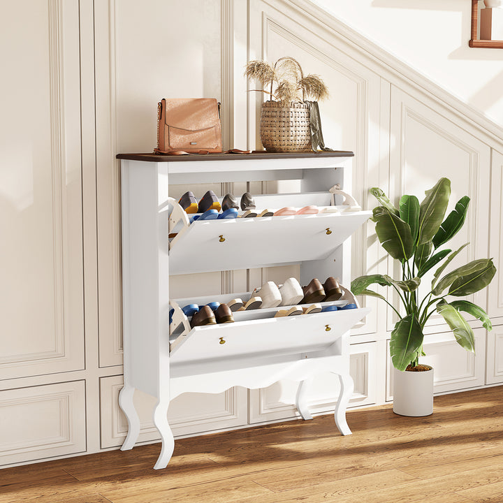 Móvel Sapateira Estilo Francês Sapateira de Entrada com 2 Gavetas Prateleiras Ajustáveis para 16 Pares de Sapato Sapateira Estreita para Corredor 84x29x109 cm Branco