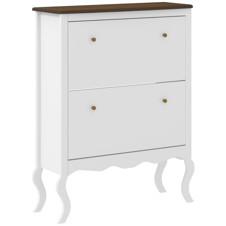Móvel Sapateira Estilo Francês Sapateira de Entrada com 2 Gavetas Prateleiras Ajustáveis para 16 Pares de Sapato Sapateira Estreita para Corredor 84x29x109 cm Branco