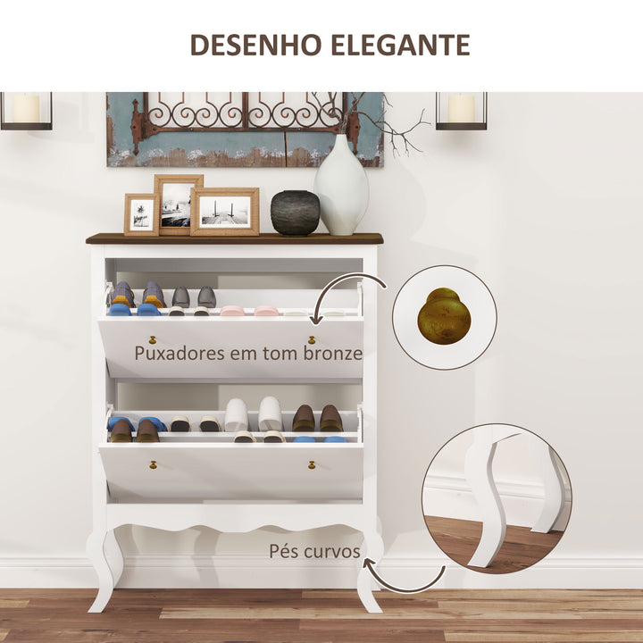Móvel Sapateira Estilo Francês Sapateira de Entrada com 2 Gavetas Prateleiras Ajustáveis para 16 Pares de Sapato Sapateira Estreita para Corredor 84x29x109 cm Branco
