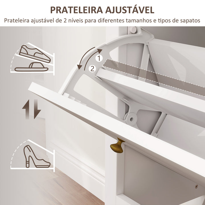 Móvel Sapateira Estilo Francês Sapateira de Entrada com 2 Gavetas Prateleiras Ajustáveis para 16 Pares de Sapato Sapateira Estreita para Corredor 84x29x109 cm Branco