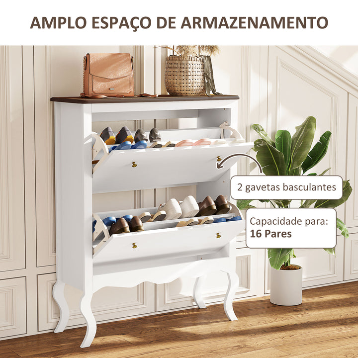 Móvel Sapateira Estilo Francês Sapateira de Entrada com 2 Gavetas Prateleiras Ajustáveis para 16 Pares de Sapato Sapateira Estreita para Corredor 84x29x109 cm Branco