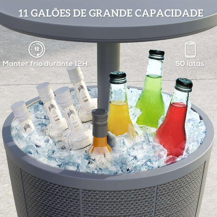 Mesa Geladeira para Exterior 41 L 3 em 1 Mesa Refrigeradora Mesa Auxiliar com Altura Ajustável 58-84 cm para Cubos de Gelo Tampa Superior Elevável para Festa Piscina Jardim Pátio Cinza