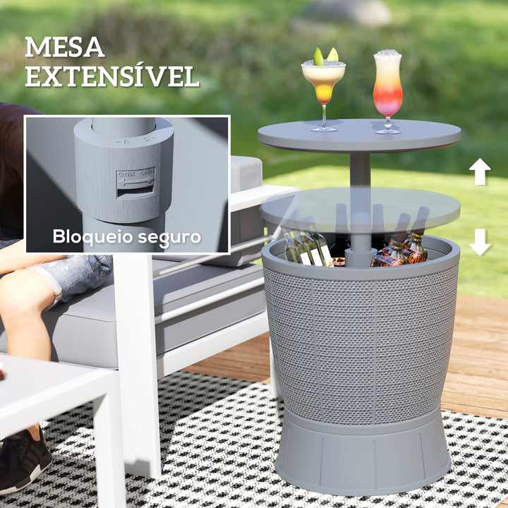 Mesa Geladeira para Exterior 41 L 3 em 1 Mesa Refrigeradora Mesa Auxiliar com Altura Ajustável 58-84 cm para Cubos de Gelo Tampa Superior Elevável para Festa Piscina Jardim Pátio Cinza