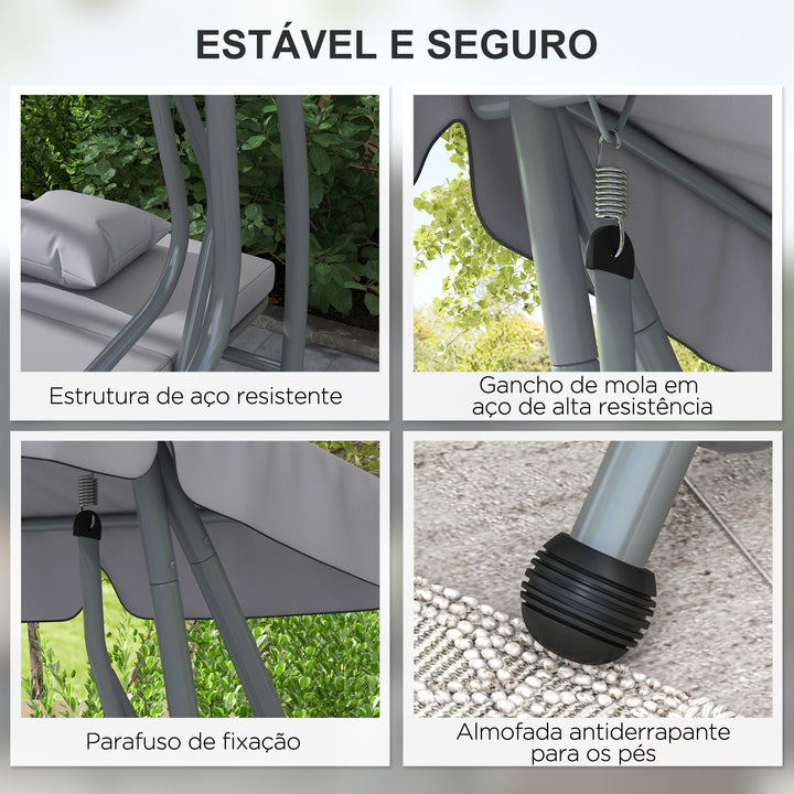 Banco Baloiço de Jardim Banco Baloiço de 3 Lugares Baloiço de Jardim Convertível em Cama com Toldo Ajustável Suportes Laterais e 2 Almofadas Carga 340 kg 200x120x164 cm Cinza