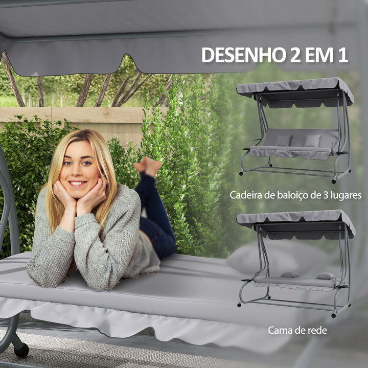 Banco Baloiço de Jardim Banco Baloiço de 3 Lugares Baloiço de Jardim Convertível em Cama com Toldo Ajustável Suportes Laterais e 2 Almofadas Carga 340 kg 200x120x164 cm Cinza