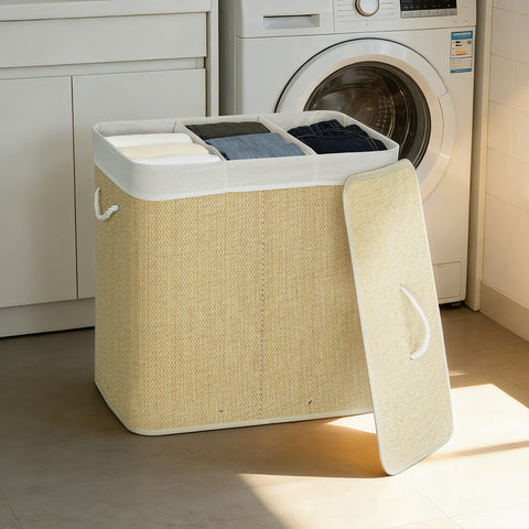 Cesto de Roupa Suja com Tampa 144L Cesto de Roupa Suja de Bambu com 3 Compartimentos, Bolsa Interior Removível e Lavável Pegas para Lavandaria Quarto 60x40x60 cm Creme