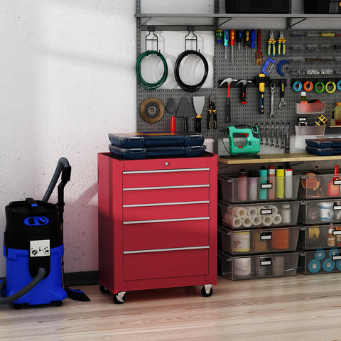Carrinho de ferramentas com 5 Gavetas e 4 rodas Aço Vermelho 61,5x33x85cm