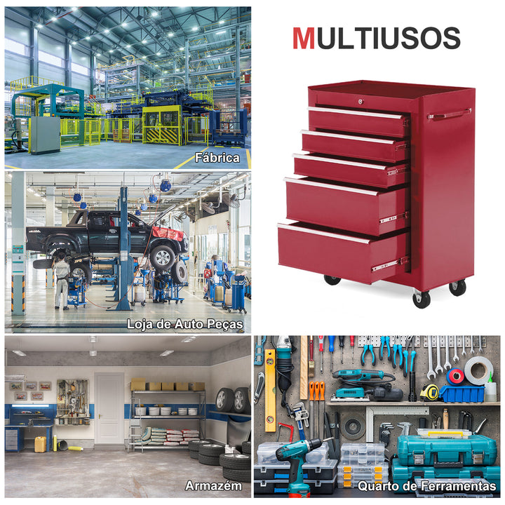 Carrinho de ferramentas com 5 Gavetas e 4 rodas Aço Vermelho 61,5x33x85cm