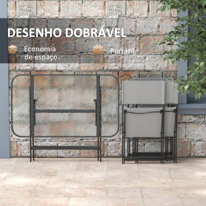Conjunto de Refeição Mesa e 4 Cadeiras Dobráveis Conjunto de Refeição de 5 Peças com Mesa de Vidro Temperado Estilo Moderno para Varanda Pátio Cinza