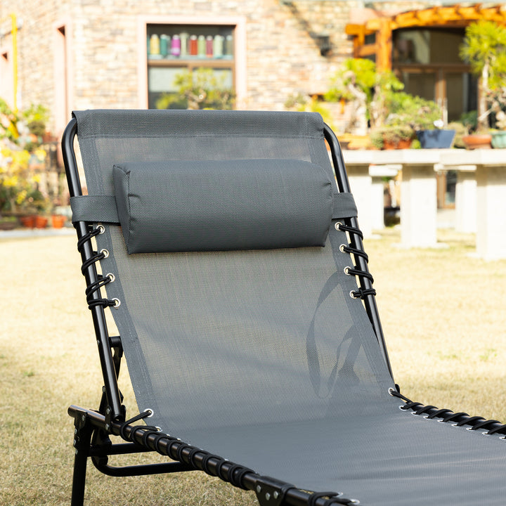 Espreguiçadeira Dobrável Espreguiçadeira de Jardim com Encosto Ajustável Apoio para a Cabeça Acolchoado Bolso Lateral e Estrura de Aço 185x58x30 cm Cinza