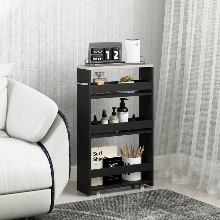 Estante de Armazenamento para Casa de Banho de 3 Níveis Estante Estreita com Alça Lateral Estante com Rodas para Cozinha Sala de Estar Estilo Moderno 48x15x80 cm Preto