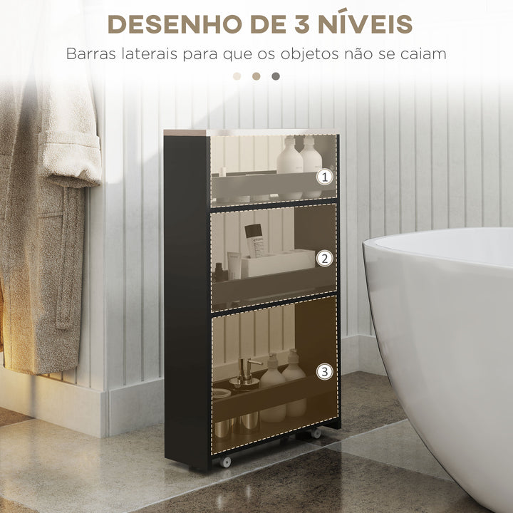 Estante de Armazenamento para Casa de Banho de 3 Níveis Estante Estreita com Alça Lateral Estante com Rodas para Cozinha Sala de Estar Estilo Moderno 48x15x80 cm Preto