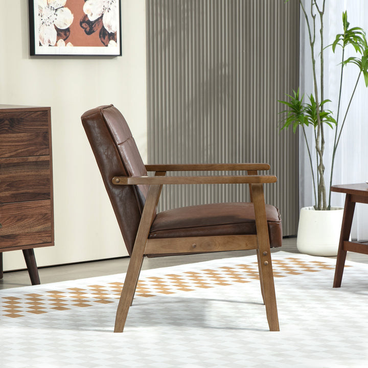Poltrona Sala de Estar Estofada em PU Poltrona Sala de Estar com Apoio para os Braços e Estrutura de Madeira de Borracha Poltrona para Dormitório Sala de Estar Carga 120 kg 64x66x80 cm Marrom