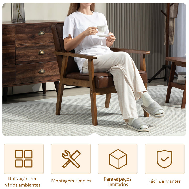 Poltrona Sala de Estar Estofada em PU Poltrona Sala de Estar com Apoio para os Braços e Estrutura de Madeira de Borracha Poltrona para Dormitório Sala de Estar Carga 120 kg 64x66x80 cm Marrom