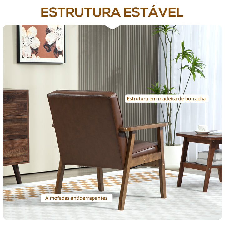Poltrona Sala de Estar Estofada em PU Poltrona Sala de Estar com Apoio para os Braços e Estrutura de Madeira de Borracha Poltrona para Dormitório Sala de Estar Carga 120 kg 64x66x80 cm Marrom