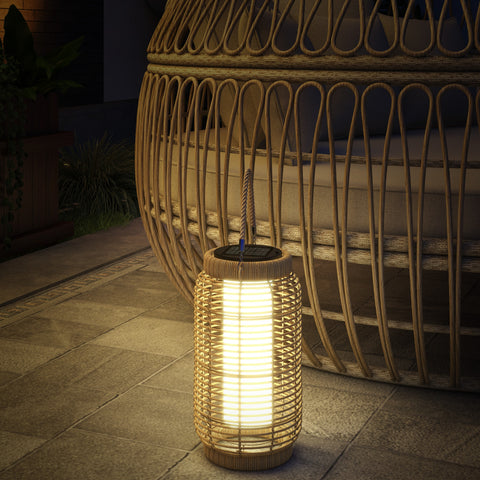 Lanterna Decorativa de Vime Lanterna Solar de Exterior com Painel Solar Luzes LED Ligar e Desligar Automático para Jardim Exterior Ø18x37 cm Preto e Areia