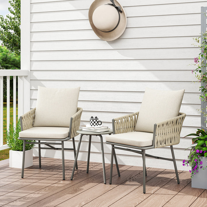 Conjunto de Jardim de 3 Peças Móveis de Jardim com 2 Cadeiras com Almofadas Removíveis e Laváveis e Mesa com Bancada de Metal Impermeável e Anti-UV para Varanda e Pátio Cinza e Creme