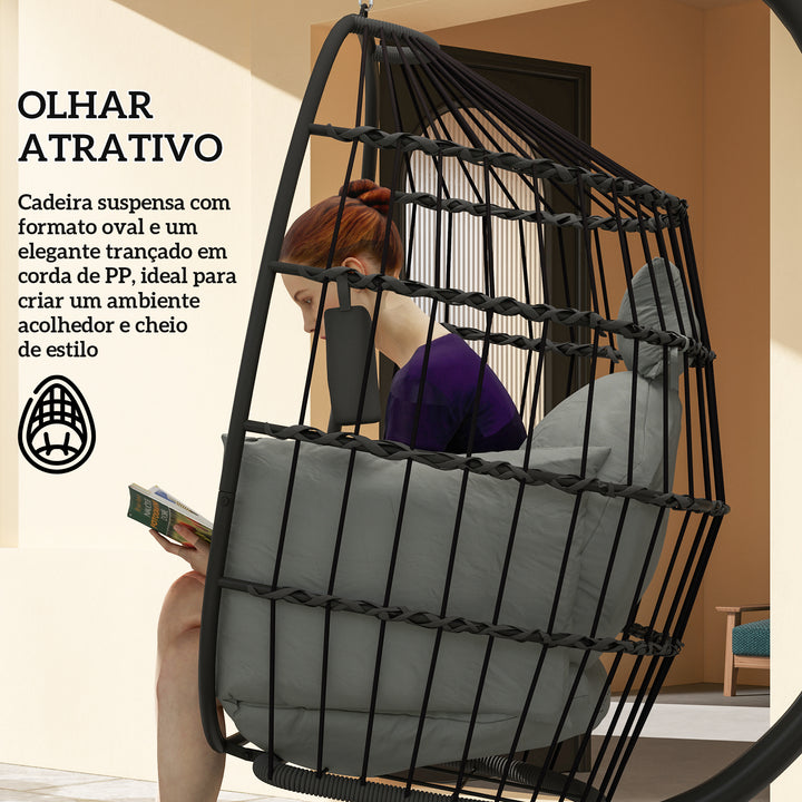 Cadeira Suspensa com Suporte Cadeira Baloiço de Jardim com Cesto Dobrável Almofada e Apoio para a Cabeça Cadeirão Suspenso para Interior e Exterior Carga 120 kg 120x88x192 cm Preto