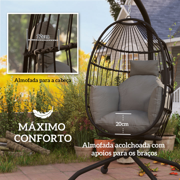 Cadeira Suspensa com Suporte Cadeira Baloiço de Jardim com Cesto Dobrável Almofada e Apoio para a Cabeça Cadeirão Suspenso para Interior e Exterior Carga 120 kg 120x88x192 cm Preto