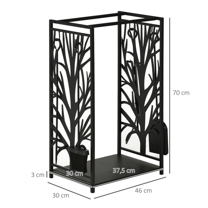 Suporte para Lenhas Suporte de Armazenamento para Lenhas 46x30x70 cm Suporte para Lenhas com 4 Ferramentas para Interior e Exterior Preto