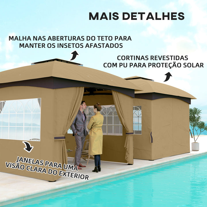 Tenda de Jardim 3,35x3,35 m Tenda de Exterior com Teto Duplo Paredes Laterais Anti-UV e Janelas Tenda para Eventos Bege