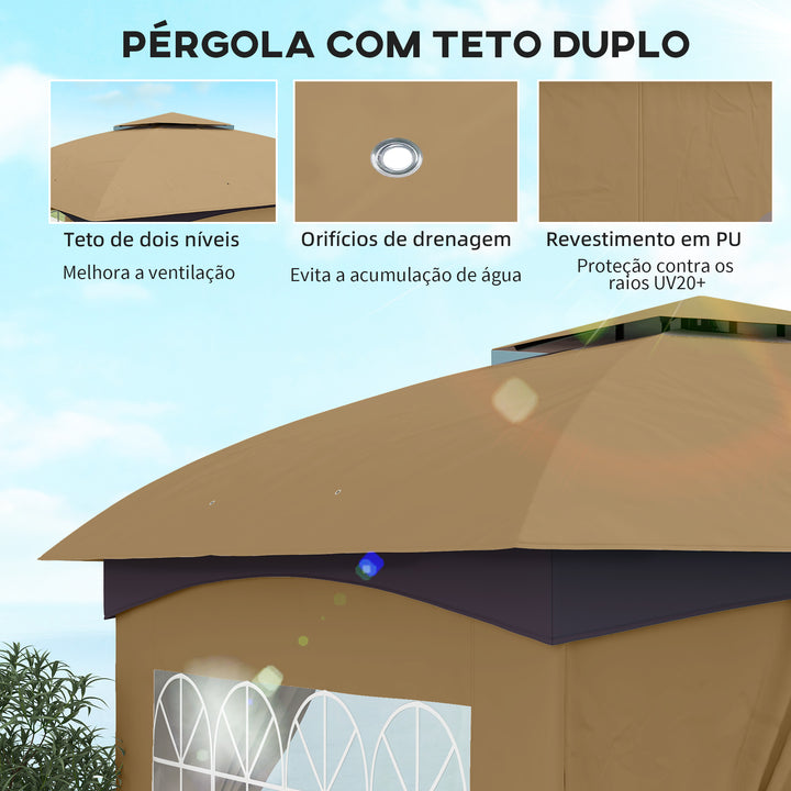 Tenda de Jardim 3,35x3,35 m Tenda de Exterior com Teto Duplo Paredes Laterais Anti-UV e Janelas Tenda para Eventos Bege