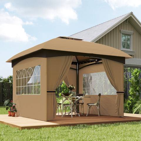 Tenda de Jardim 3,35x3,35 m Tenda de Exterior com Teto Duplo Paredes Laterais Anti-UV e Janelas Tenda para Eventos Bege