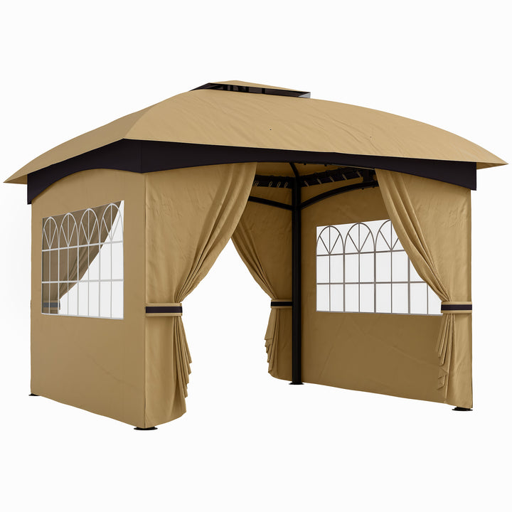 Tenda de Jardim 3,35x3,35 m Tenda de Exterior com Teto Duplo Paredes Laterais Anti-UV e Janelas Tenda para Eventos Bege