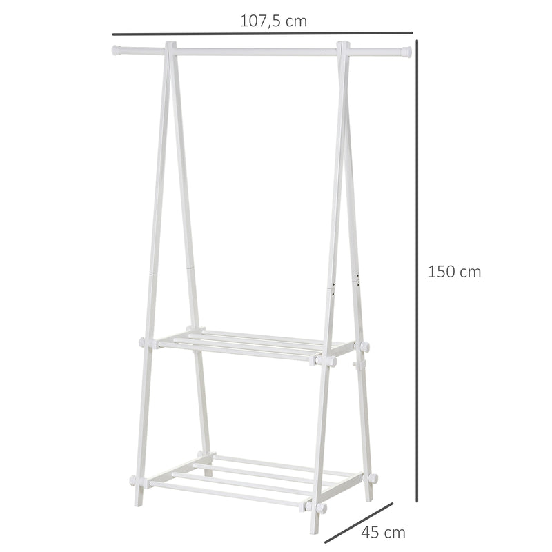 Suporte para Cabide Dobrável Suporte para Cabide com 2 Prateleiras e 1 Barras para Pendurar Roupas para Sala Quarto Entrada 107,5x45x150 cm Branco