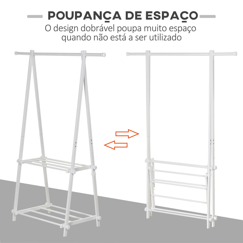 Suporte para Cabide Dobrável Suporte para Cabide com 2 Prateleiras e 1 Barras para Pendurar Roupas para Sala Quarto Entrada 107,5x45x150 cm Branco