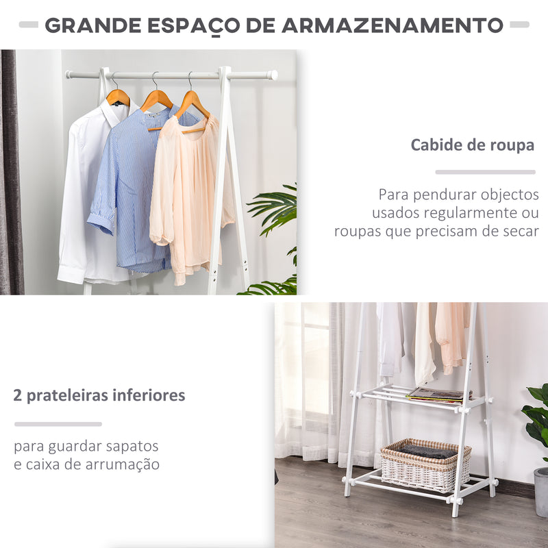 Suporte para Cabide Dobrável Suporte para Cabide com 2 Prateleiras e 1 Barras para Pendurar Roupas para Sala Quarto Entrada 107,5x45x150 cm Branco