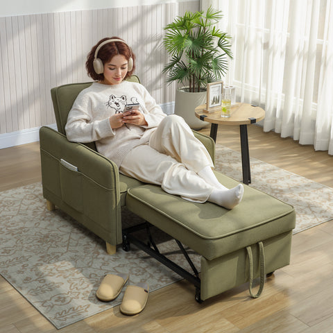 Poltrona Cama de 1 Lugar 3 em 1 Poltrona Cama Dobrável Estofado em Veludo Ecológico com Encosto Ajustável 3 Níveis 6 Bolsos Laterais e Almofada para Quarto Sala 74x85,5x82 cm Castanho