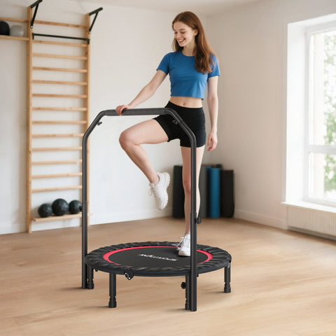 Trampolim de Fitness Ø102 cm Trampolim Dobrável com Guiador Ajustável de 4 Níveis e Bandas para Treino de Pernas e Corpo em Casa Escritório Ginásio e Exterior Carga 150 kg Vermelho