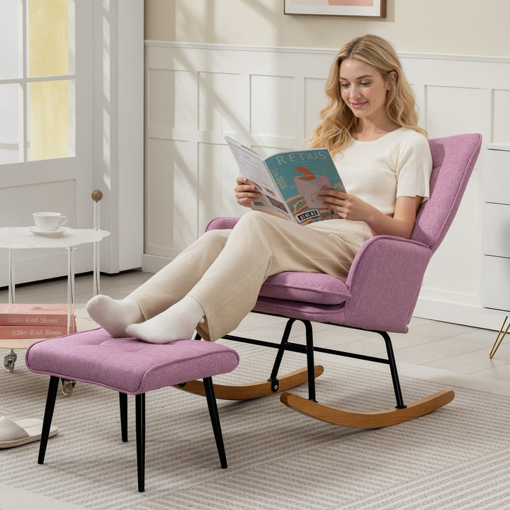 Conjunto de Poltrona Baloiço com Apoio para os Pés Poltrona Relax com Almofada Acolchoada e Anti-Tombo Carga 130 kg Sala de Estar Dormitório 64x89x90 cm Rosa