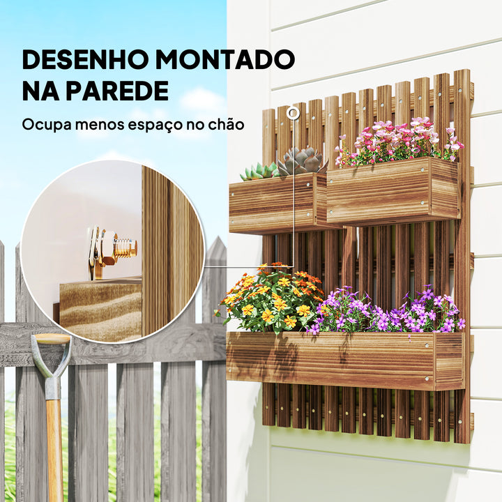 Floreira de Parede com Treliça Floreira Vertical de Madeira com 4 Vasos Móveis e Orifício de Drenagem para Jardim Varanda Pátio 60x16x80 cm Madeira Carbonizada