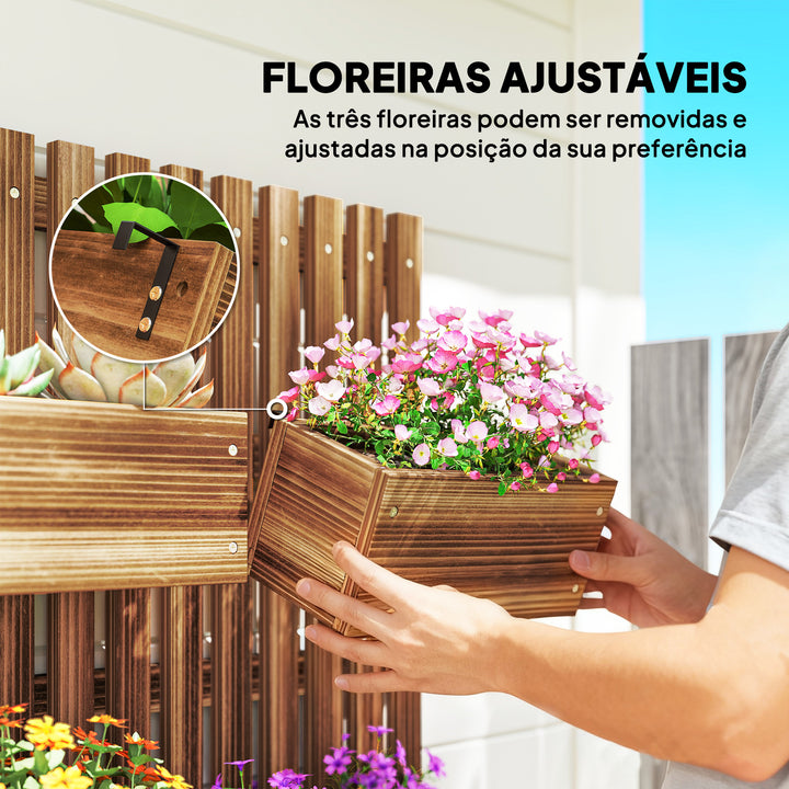 Floreira de Parede com Treliça Floreira Vertical de Madeira com 4 Vasos Móveis e Orifício de Drenagem para Jardim Varanda Pátio 60x16x80 cm Madeira Carbonizada