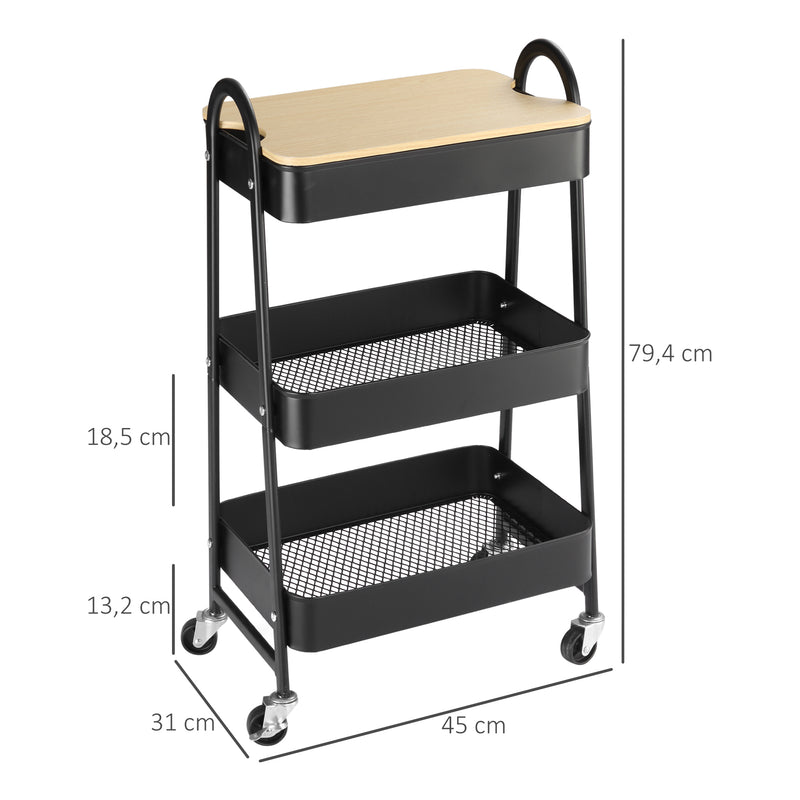 Carrinho Auxiliar com Rodas de 3 Níveis Carrinho de Cozinha com 3 Cestas de Aço e 1 Bancada de Madeira para Sala de Estar Casa de Banho 45x31x79,4 cm Preto