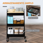 Carrinho Auxiliar com Rodas de 3 Níveis Carrinho de Cozinha com 3 Cestas de Aço e 1 Bancada de Madeira para Sala de Estar Casa de Banho 45x31x79,4 cm Preto