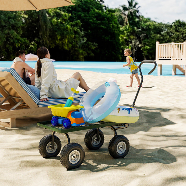 Carro de Transporte com Pega Revestida e 4 Rodas Grandes de Ø24 cm Carrinho de Jardim em Aço Capacidade 150 kg 94x48,5x100 cm Preto e Verde