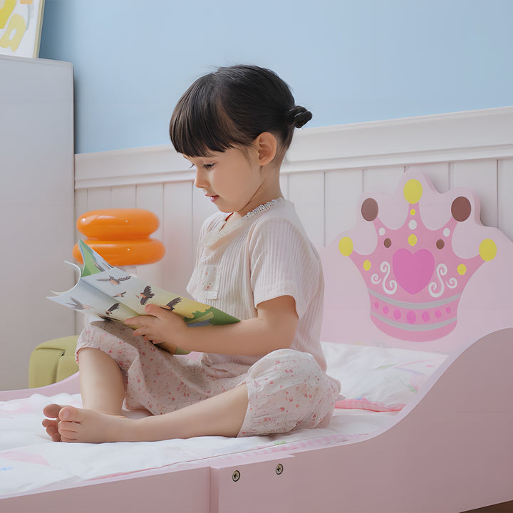 Cama de Criança +3 anos 143x73x60 cm Cama de Criança em Madeira com Estampado de Coroa Carga 50 kg para Quarto Rosa